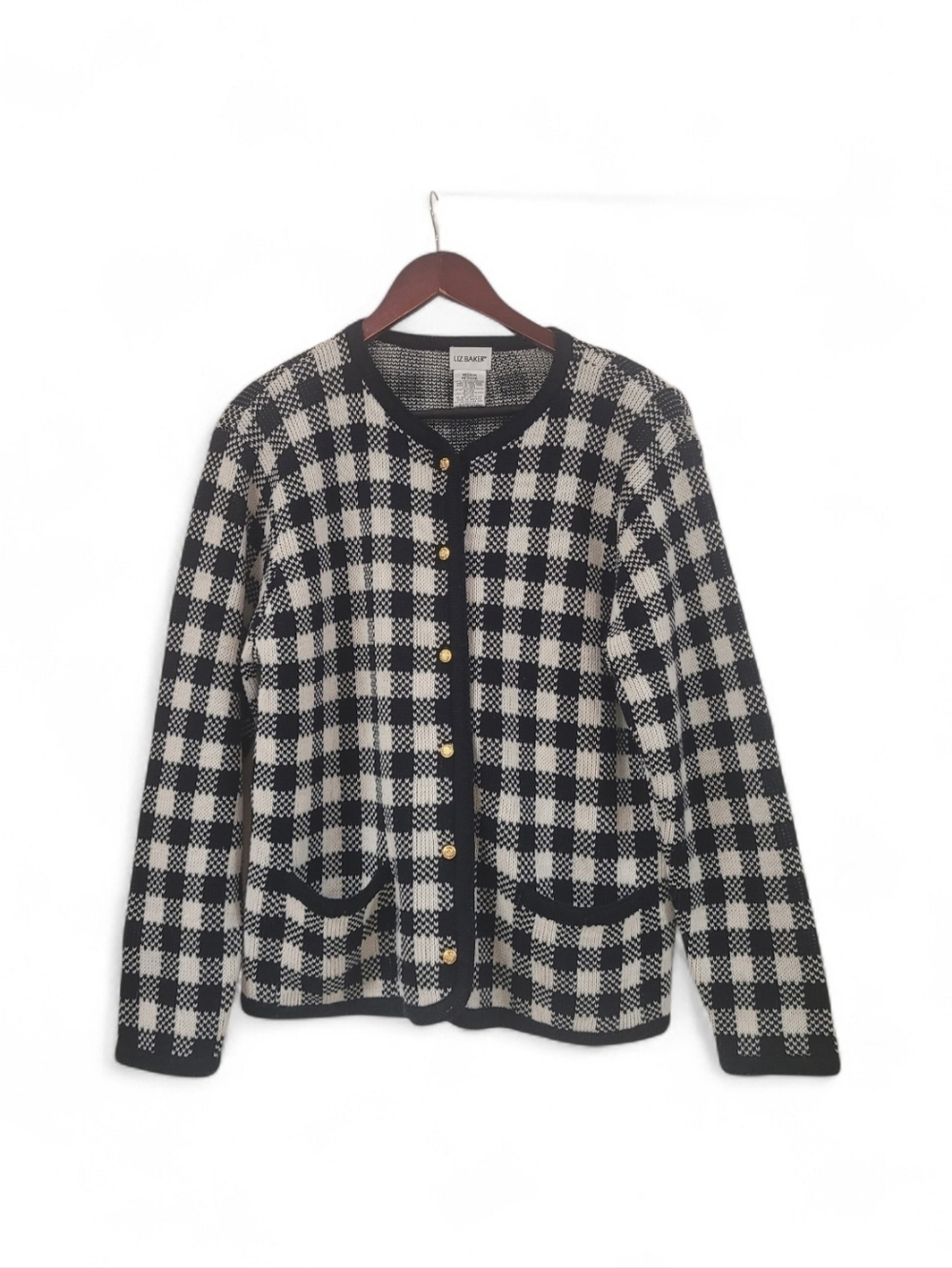 Vintage Liz Baker Cardigan Sweater Medium Black White Gingham Check Y2k 90s